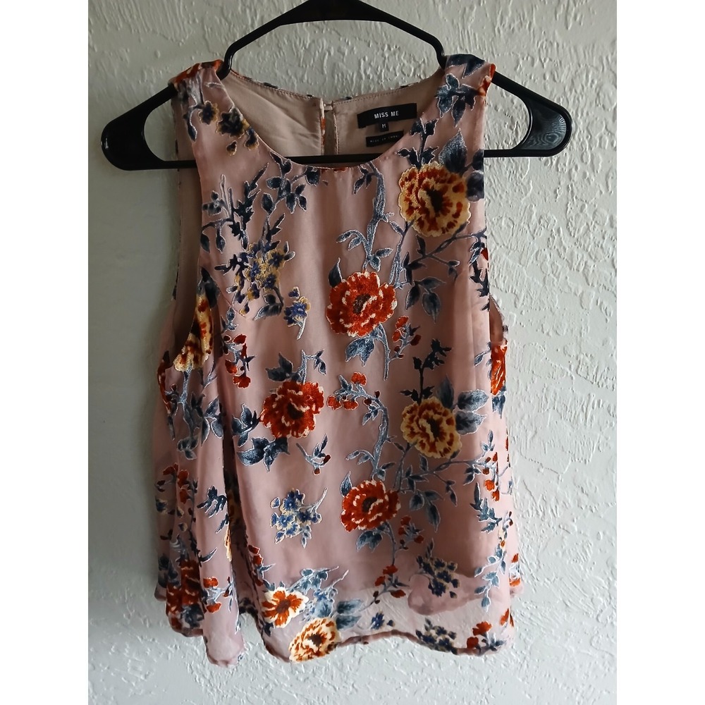 Women's Miss Me Pink Sleeveless Swing Top Pink Velvet Flowers Size M Romantic